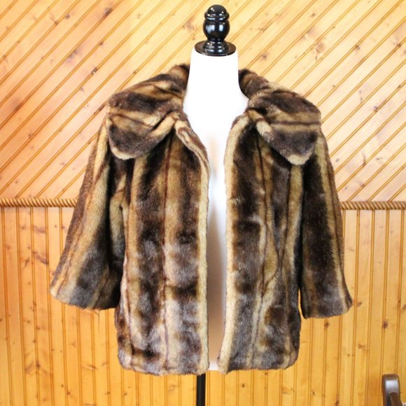 Luii Faux Fur Jacket Large Brown Vegan Animal Friendly 3/4 Sleeve Formal D36 - Picture 2 of 12